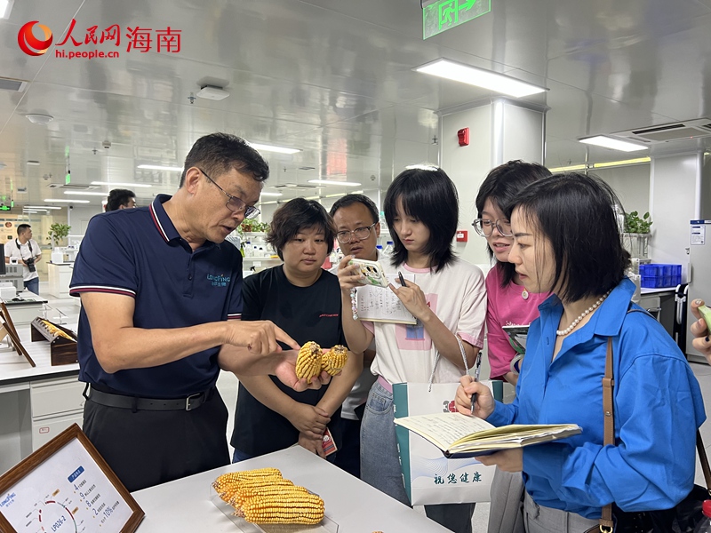 隆平生物技術(shù)（海南）有限公司總經(jīng)理呂玉平(左一)介紹該公司玉米育種情況。人民網(wǎng)記者 李學(xué)山攝