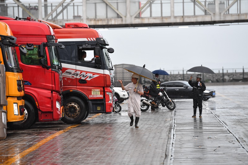 海口新海港工作人員雨中引導(dǎo)車輛。孫士杰攝 