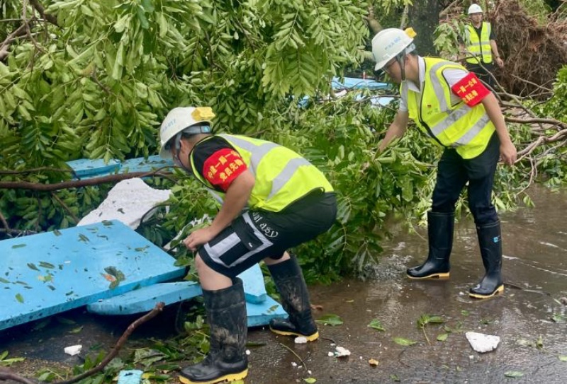 黨員先鋒隊(duì)為海南大學(xué)校內(nèi)清理倒樹路障。 中建一局海南分公司供圖