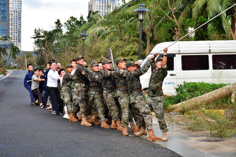 在災后重建工作中，武警海口支隊官兵和群眾一起移除砸壞車輛的樹木。袁琳松攝